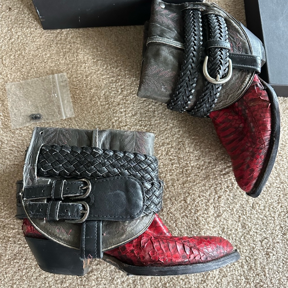 Canty Boots Leather Upcycled Red and Black Western Ankle Boots OOAK